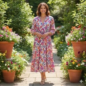 Tristan Women's Pink Boho Feminine Floral Tiered Spring Maxi Dress Size Small